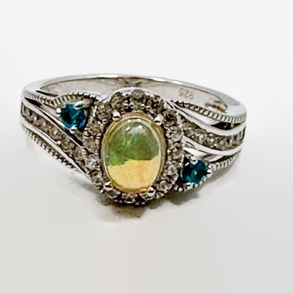 Jelly Opal Ring, Sterling Silver, Vintage, Size 10, CZs, Faux Blue Topaz - Picture 2 of 7